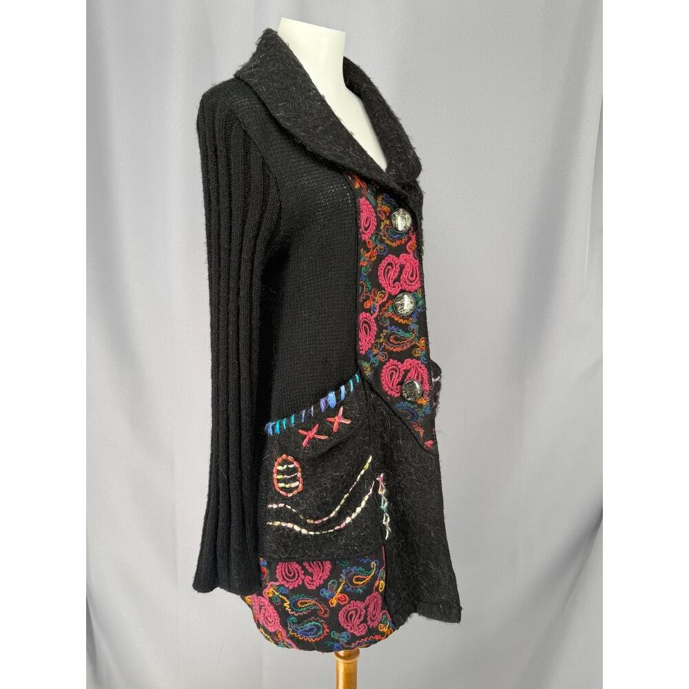Sioni Cardigan Sweater Womens Large Black Paisley Embroidered Boho Wool Knit - Picture 5 of 13